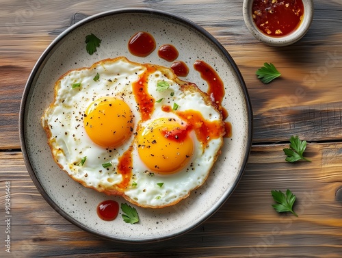 Sunny-Side-Up Eggs with Hot Sauce and Fresh Herbs, Served on a Rustic Plate, on a Wooden Table, Creating a Spicy and Hearty Breakfast Presentation photo