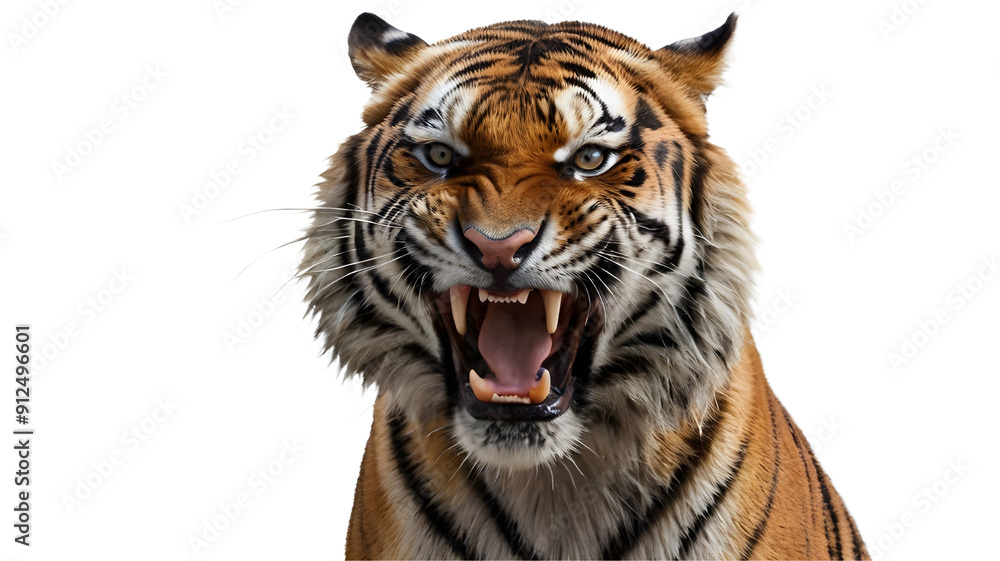 Fototapeta premium A tiger roars and growls showing its fangs isolated on white transparent background png 