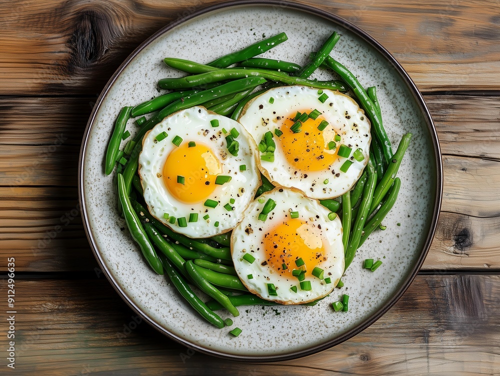 Photo of fried eggs with sauteed green beans, seasoned and garnished, on a plate on a wooden table 2 Photo of fried eggs with sauteed green beans, seasoned and garnished, on a plate on a wooden table 2