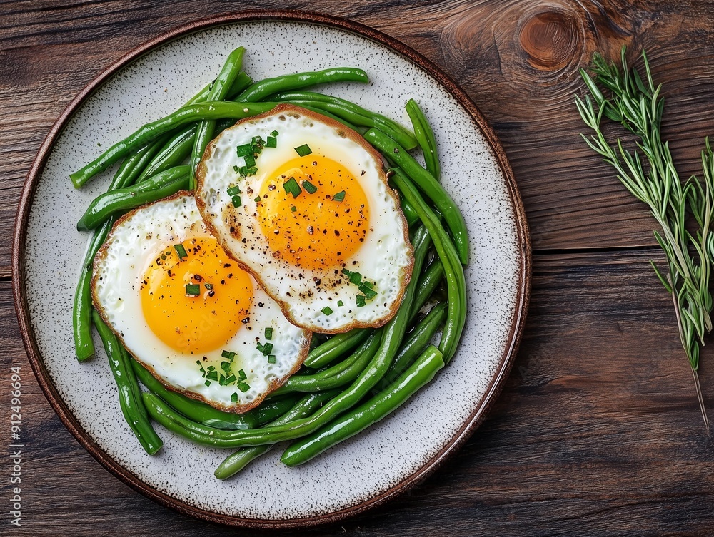 Photo of fried eggs with sauteed green beans, seasoned and garnished, on a plate on a wooden table 4