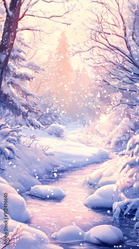 Winter's Serene Canvas: A High-Resolution Hand-Drawn Illustration Capturing the Tranquil Magic of Snowy Nature with Precise and Cozy Warmth in Anime Style. photo