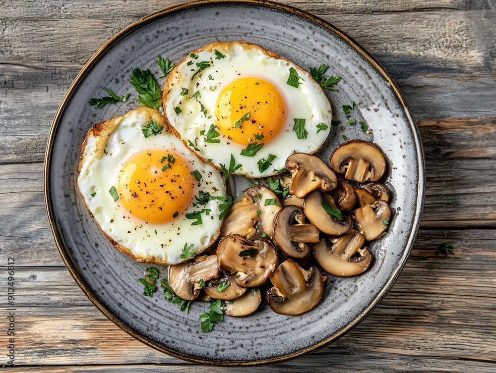 Photo of fried eggs with sauteed mushrooms, seasoned and garnished, on a plate on a wooden table 5 Photo of fried eggs with sauteed mushrooms, seasoned and garnished, on a plate on a wooden table 5