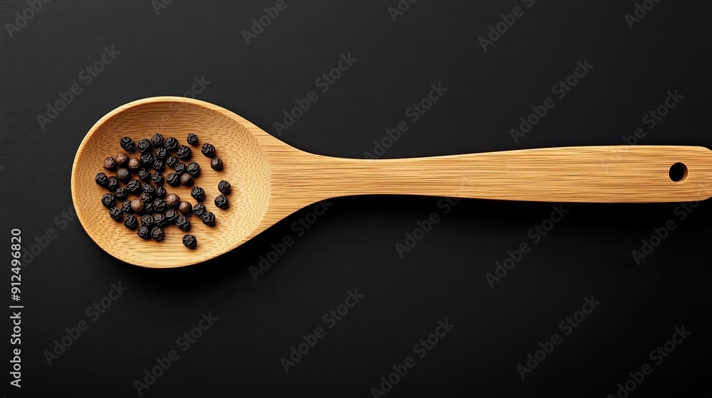 Black pepper on a wooden spoon over a black background with copy space, in a top view. Black pepper on a wooden spoon over a black background with copy space, in a top view.