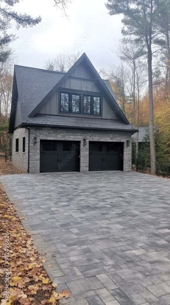 Modern Two-Car Garage With Stone Exterior in Autumn Landscape Modern Two-Car Garage With Stone Exterior in Autumn Landscape