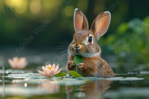 A peaceful swamp rabbit nibbling on tender shoots, feeling safe and content, photo