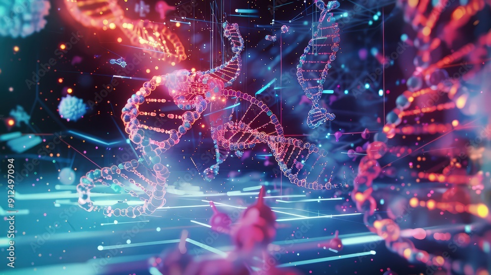 A virtual reality interface with 3D DNA models being manipulated by invisible forces, illustrating the concept of gene editing and data manipulation in a virtual space. A virtual reality interface with 3D DNA models being manipulated by invisible forces, illustrating the concept of gene editing and data manipulation in a virtual space.