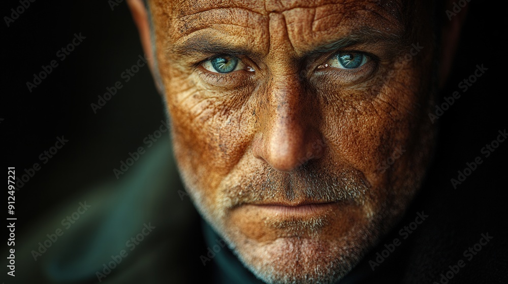 A powerful dramatic portrait of a man with a weathered face, the man stares intently into the camera. A powerful dramatic portrait of a man with a weathered face, the man stares intently into the camera.