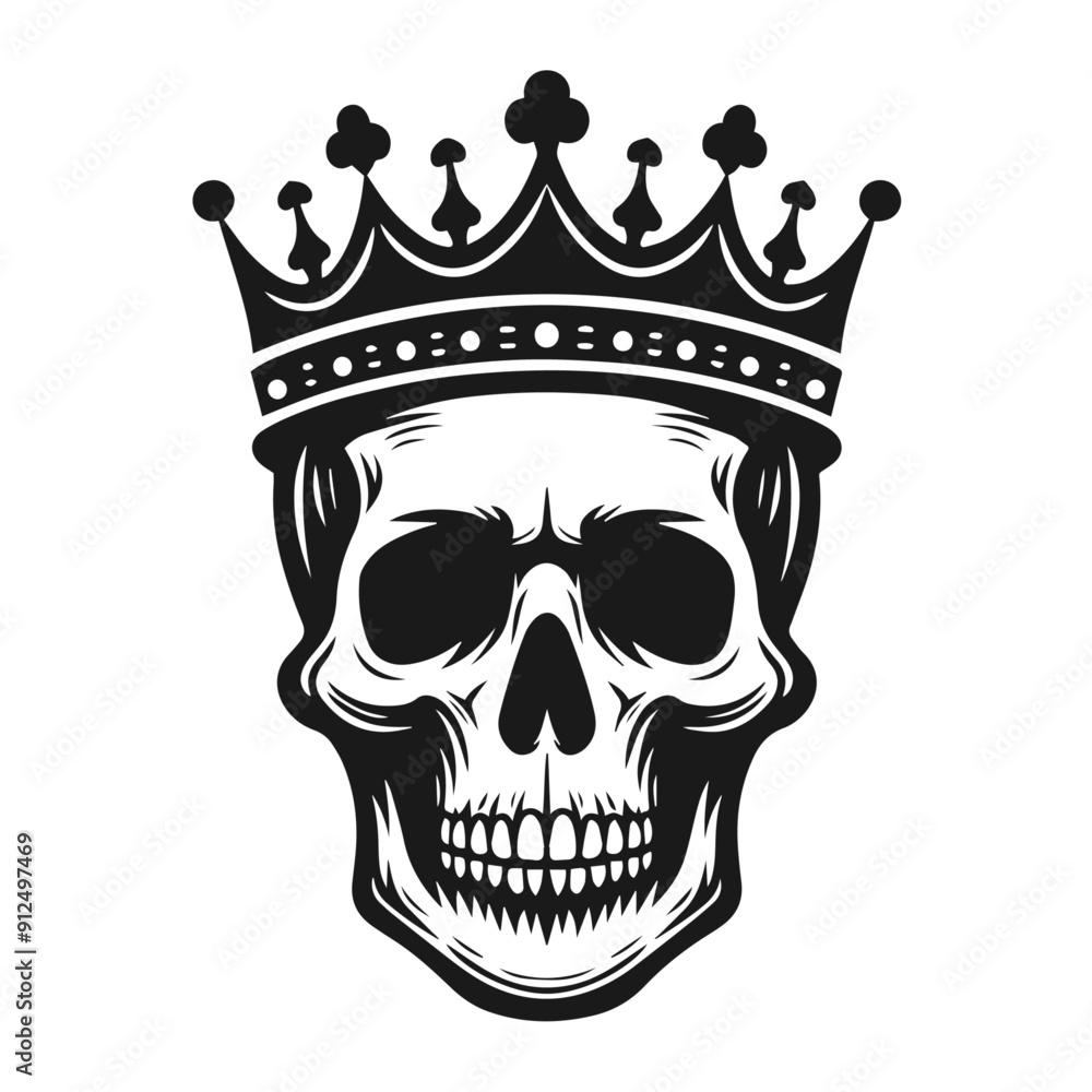 Fototapeta premium Clean black and white vector silhouette of a skull in crown isolated on white background