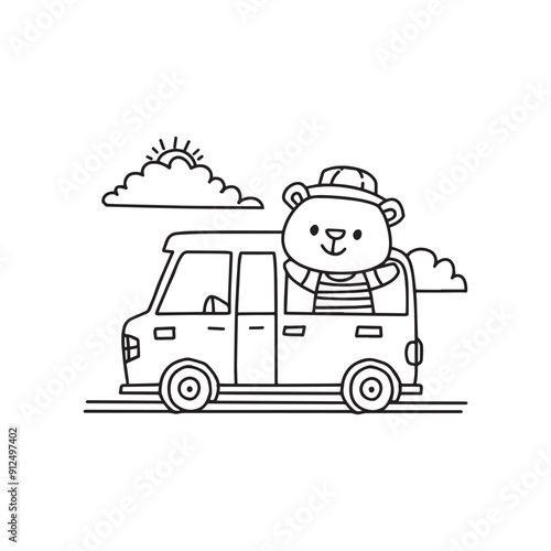 Simple drawing of hype bear driving a van in beach