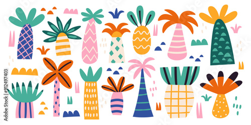 Abstract tropical palm trees with geometric design and cute funny pattern isolated set on white