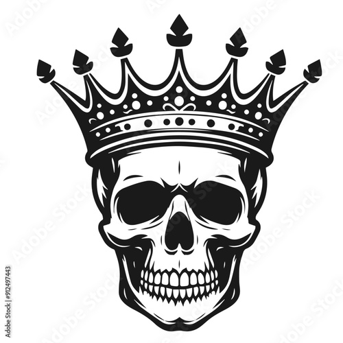 Clean black and white vector silhouette of a skull in crown isolated on white background