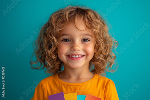 A joyful child with a set of flashcards against a solid teal background, symbolizing their eagerness to learn new words, photo