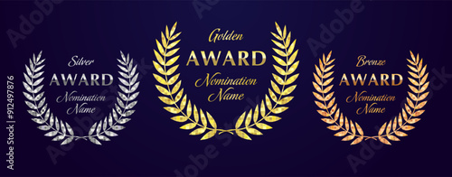 Set of metallic colored awards with pixel texture. Golden, silver and bronze symbol. Digital rewards creative concept. Isolated elements. Palm leaves with block pattern and clipping mask. Modern sign.