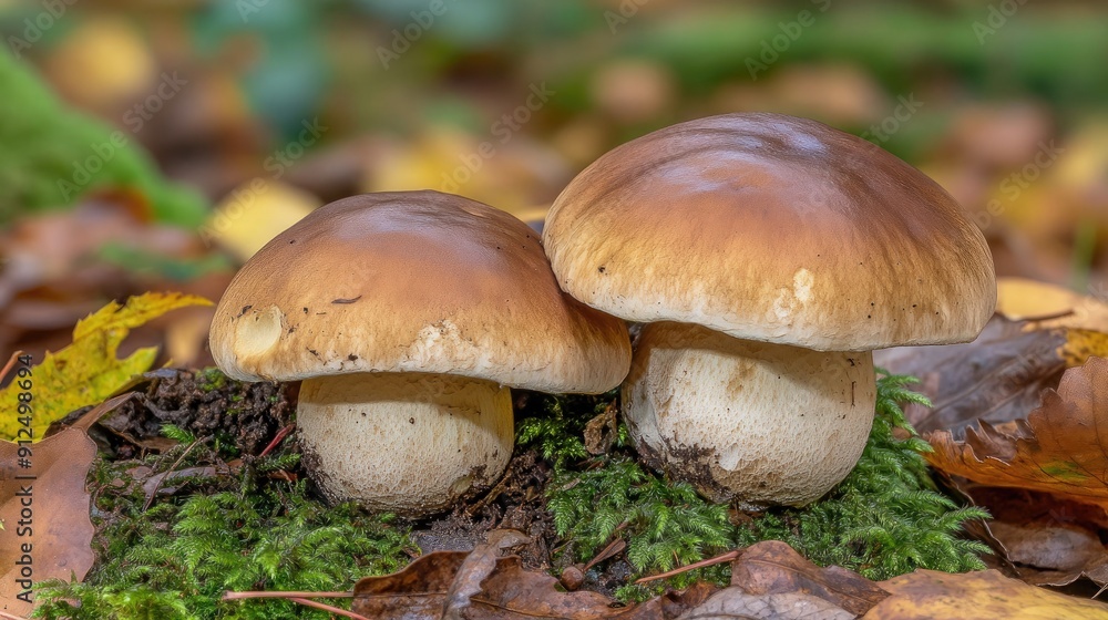 Two Elegant Mushrooms Growing On Mossy Ground Surrounded By Autumn Leaves Two Elegant Mushrooms Growing On Mossy Ground Surrounded By Autumn Leaves