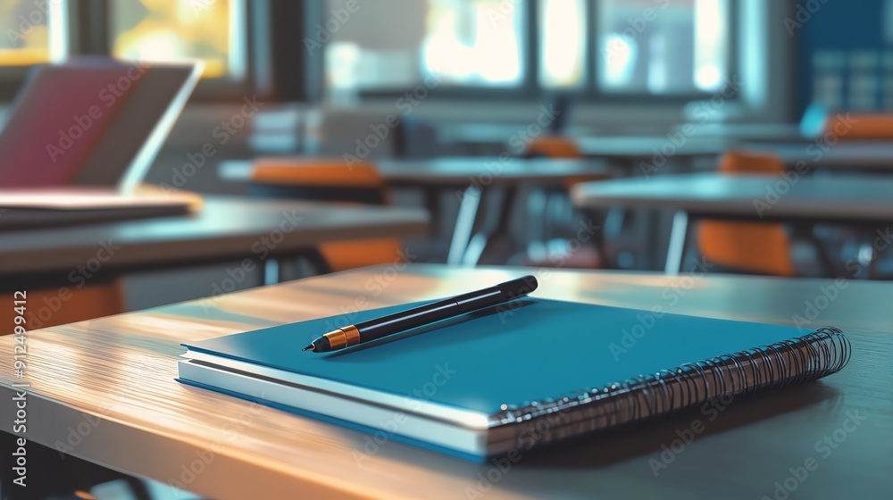 A close-up view of a blue notebook and pen on a school desk, showcasing a bright classroom environment. A close-up view of a blue notebook and pen on a school desk, showcasing a bright classroom environment.