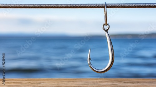 Shiny Fishing Hook Hanging Over Wooden Dock With Calm Water Background photo