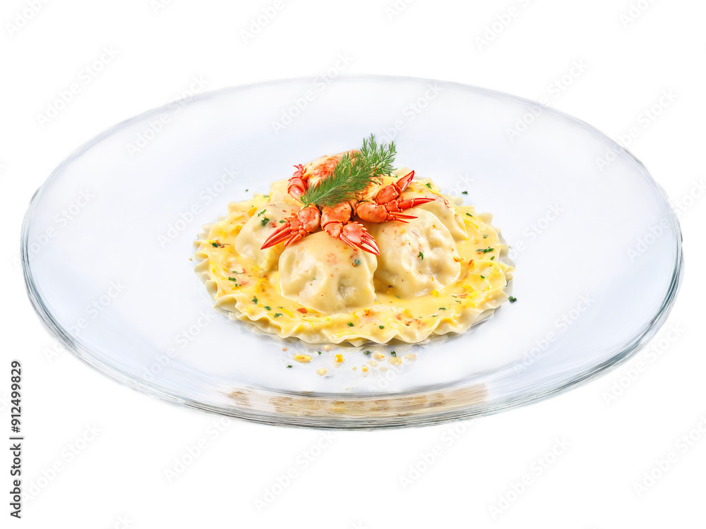 Ravioli with Lobster Filling in a saffron cream sauce served on a transparent glass plate Ravioli with Lobster Filling in a saffron cream sauce served on a transparent glass plate