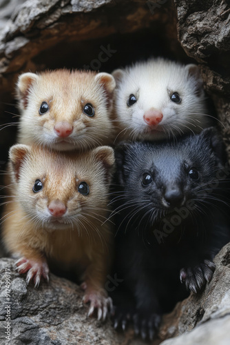 Four ferrets--Albino, Sable, Black-footed, and Silver Mitt--playing together in a fun, interactive environment, photo