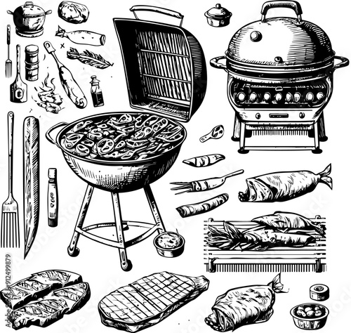 Hand drawn vintage barbecue. Charcoal and gas grills, grilled meats, fish, sausages, vegetables, utensils, and seasoning elements. Retro sketch for BBQ menus, restaurant designs, food packaging.