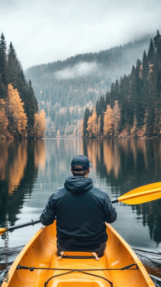 Kayaker Enjoying A Peaceful Autumn Day On A Serene Lake Surrounded By Mountains Kayaker Enjoying A Peaceful Autumn Day On A Serene Lake Surrounded By Mountains
