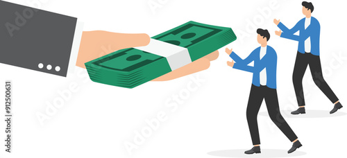 man in business clothes are holding a wad of money over a man's hand, giving a bribe or material assistance

