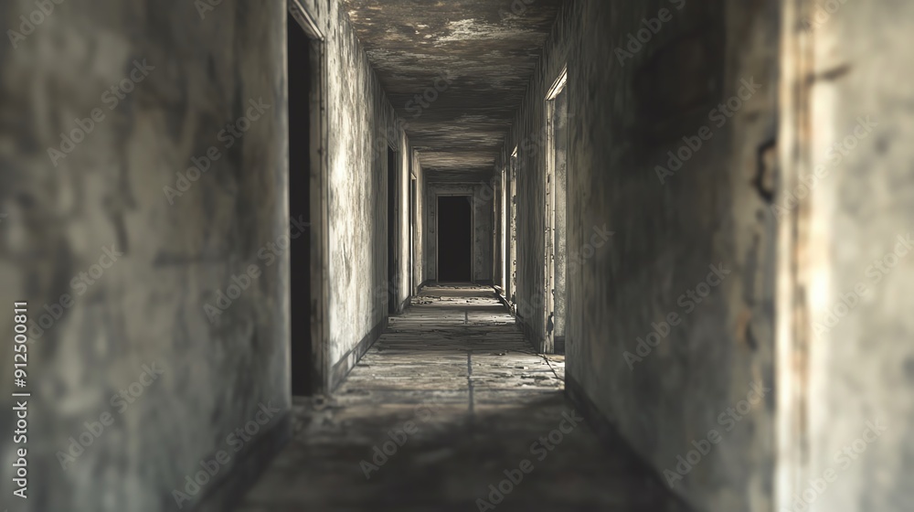 A long, dimly lit corridor with weathered walls, conveying a sense of abandonment and mystery in an urban setting. A long, dimly lit corridor with weathered walls, conveying a sense of abandonment and mystery in an urban setting.