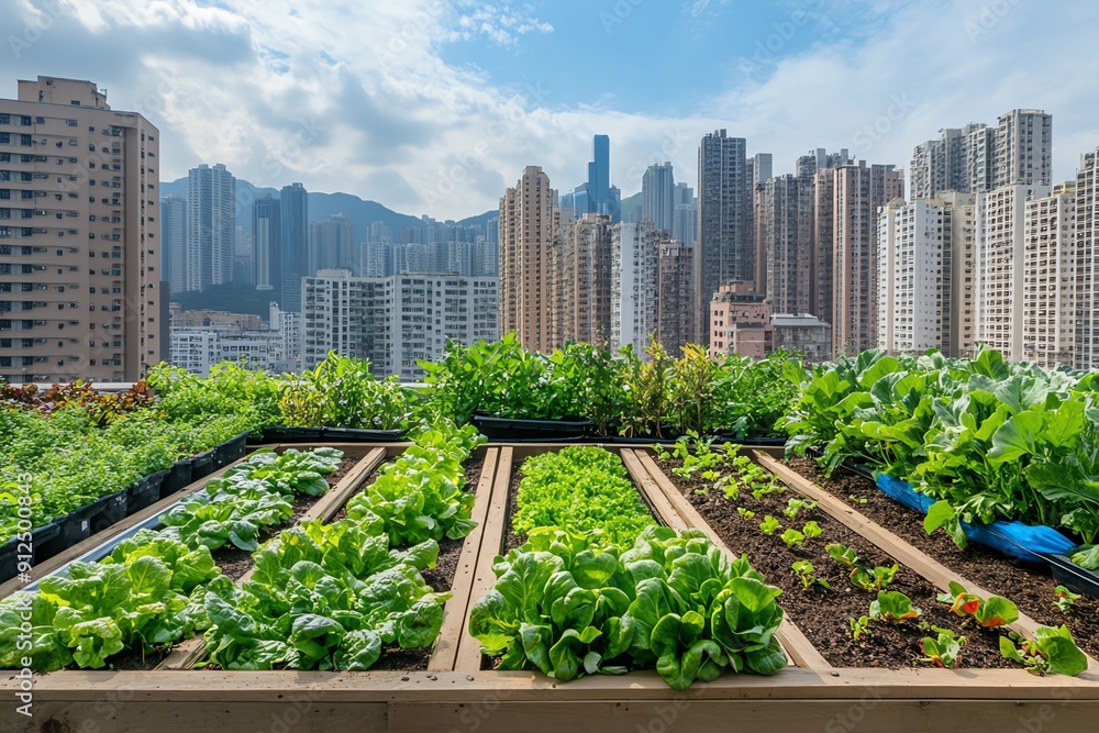 A lush rooftop garden with vibrant greens thriving against a backdrop of urban skyscrapers and a bright blue sky. A lush rooftop garden with vibrant greens thriving against a backdrop of urban skyscrapers and a bright blue sky.