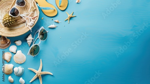Summer Vacation Essentials on Blue Background
