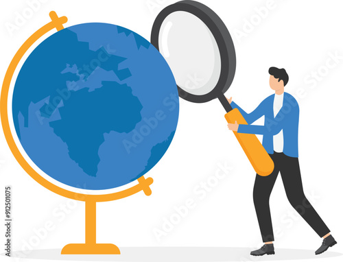 a man in a business suit with a magnifying glass in his hands looks at the globe,
