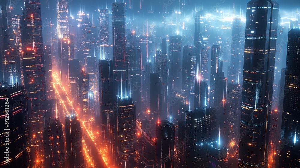 Obraz premium A vibrant, futuristic cityscape at night with glowing neon lights, towering skyscrapers, and a foggy atmosphere.
