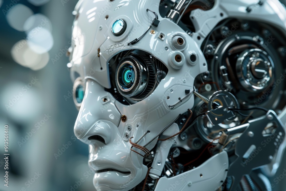White humanoid robot with exposed brain circuits is looking futuristic White humanoid robot with exposed brain circuits is looking futuristic
