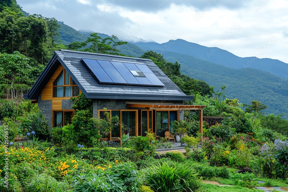 A modern eco-friendly house with solar panels surrounded by lush greenery and mountains, showcasing sustainable living. A modern eco-friendly house with solar panels surrounded by lush greenery and mountains, showcasing sustainable living.