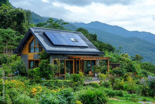 A modern eco-friendly house with solar panels surrounded by lush greenery and mountains, showcasing sustainable living.