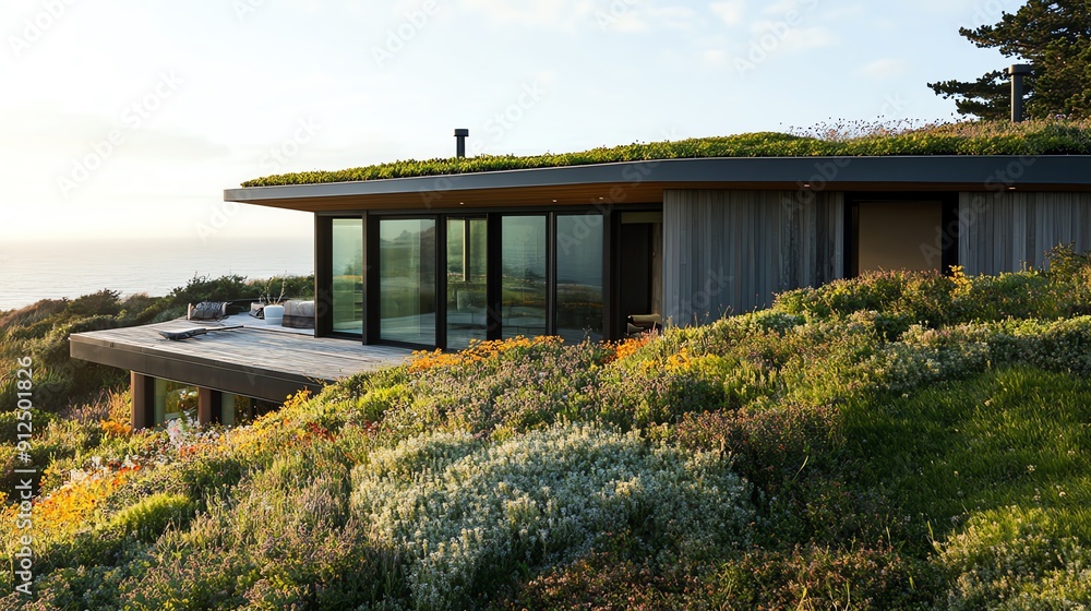 A modern house with a green roof, surrounded by lush vegetation and stunning ocean views at sunset, showcasing sustainable architecture. A modern house with a green roof, surrounded by lush vegetation and stunning ocean views at sunset, showcasing sustainable architecture.