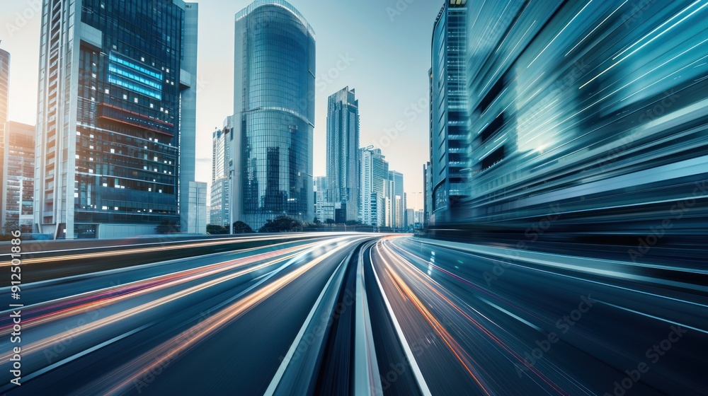 Cityscape with Speeding Cars and Tall Buildings Cityscape with Speeding Cars and Tall Buildings