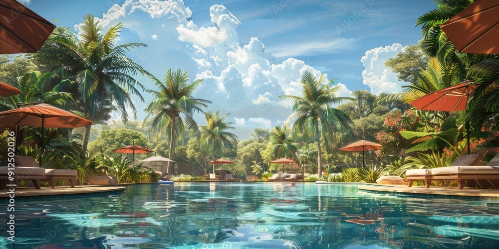 Fototapeta premium Tropical poolside oasis with palm trees and umbrellas.