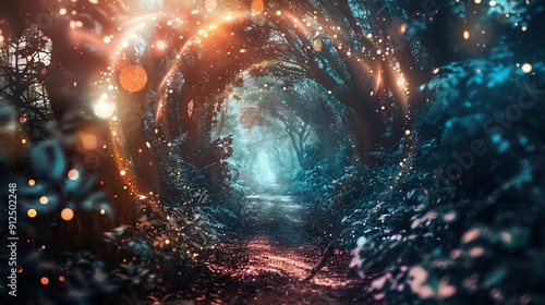 A mystical forest path illuminated by soft glowing lights, creating an enchanting and serene atmosphere.