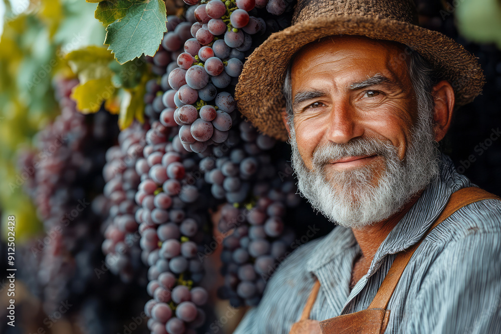 Obraz premium A smiling farmer pruning grapevines in a lush vineyard, with ripe grapes hanging in clusters,