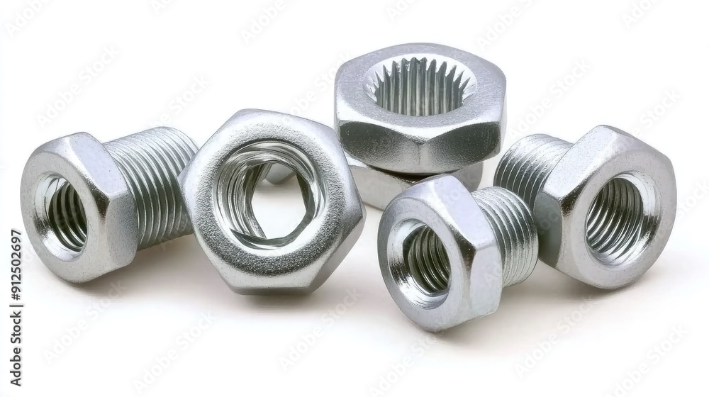 Collection of Silver Metal Nuts in Various Sizes and Designs on White Background Collection of Silver Metal Nuts in Various Sizes and Designs on White Background