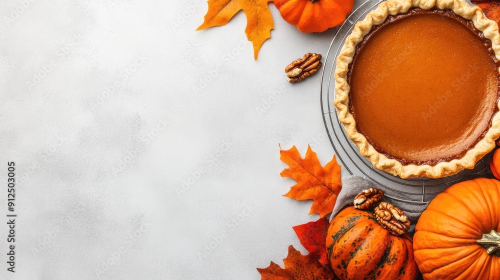 Delicious Pumpkin Pie Surrounded by Autumn Leaves and Decorative Pumpkins Delicious Pumpkin Pie Surrounded by Autumn Leaves and Decorative Pumpkins