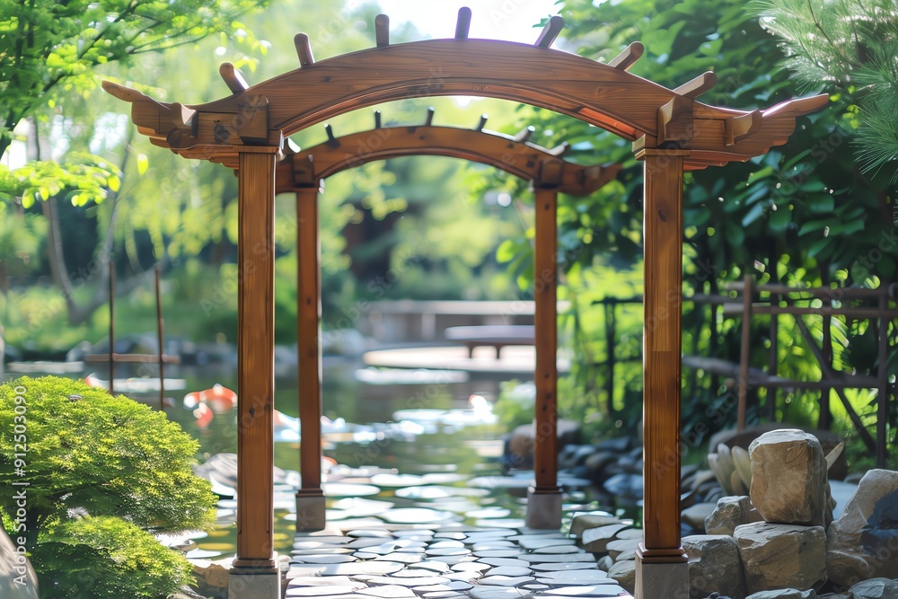 A serene garden path featuring a wooden arch, surrounded by lush greenery and a tranquil pond, inviting peaceful strolls. A serene garden path featuring a wooden arch, surrounded by lush greenery and a tranquil pond, inviting peaceful strolls.