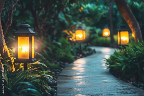 A serene illuminated pathway lined with lanterns, surrounded by lush greenery, creating a tranquil evening atmosphere. photo