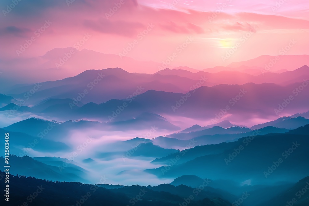 Fototapeta premium A serene landscape showcasing vibrant mountains at sunrise, enveloped in mist and soft pastel hues, ideal for nature-themed projects.