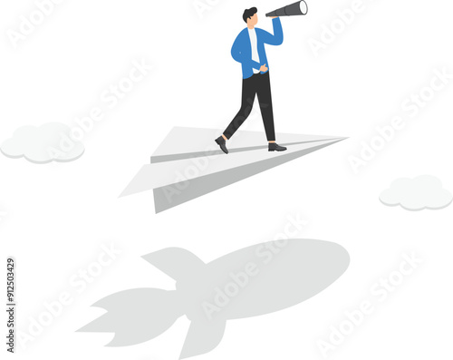 a man with spread arms flies on a paper airplane and underneath is the shadow of a rocket,

