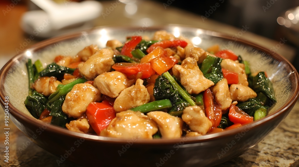 A close-up of a bowl of chicken stir-fry with vegetables and a savory sauce. A close-up of a bowl of chicken stir-fry with vegetables and a savory sauce.