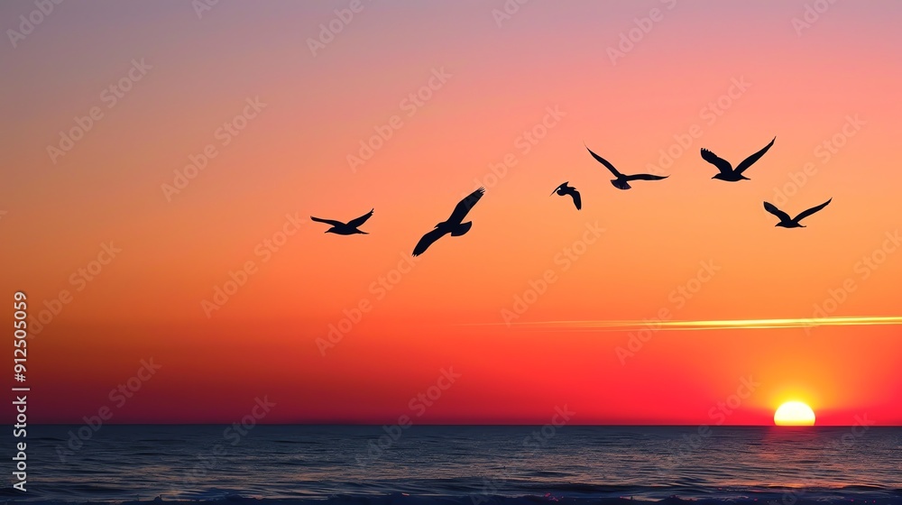 Fototapeta premium A stunning sunset over the ocean with birds flying gracefully in the sky, creating a peaceful and serene atmosphere.