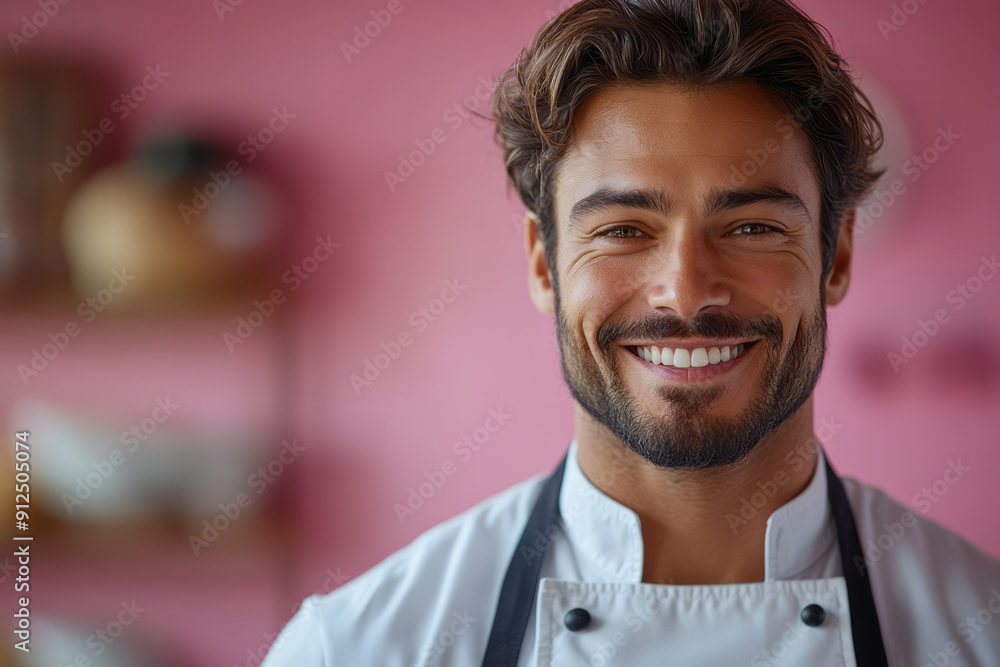 A happy chef displaying a beautifully plated dish against a cheerful pink background, symbolizing their love for cooking, A happy chef displaying a beautifully plated dish against a cheerful pink background, symbolizing their love for cooking,