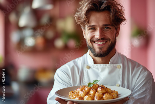 A happy chef displaying a beautifully plated dish against a cheerful pink background, symbolizing their love for cooking,