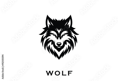 Stylized black wolf head logo, perfect for branding, with intricate fur patterns.