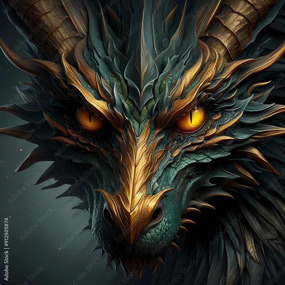 Close-up of a Dragon with Golden Scales and Dark Green Sheen on a Dark Background Close-up of a Dragon with Golden Scales and Dark Green Sheen on a Dark Background